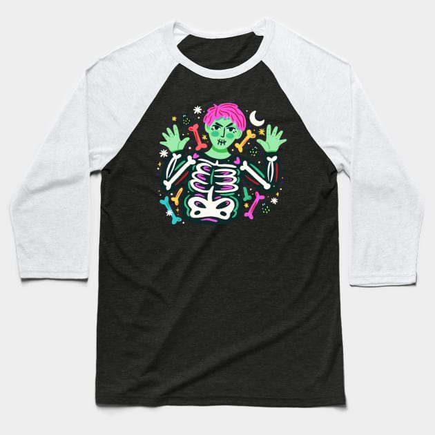 Illustration Zombie With Skeleton Baseball T-Shirt by Mako Design 